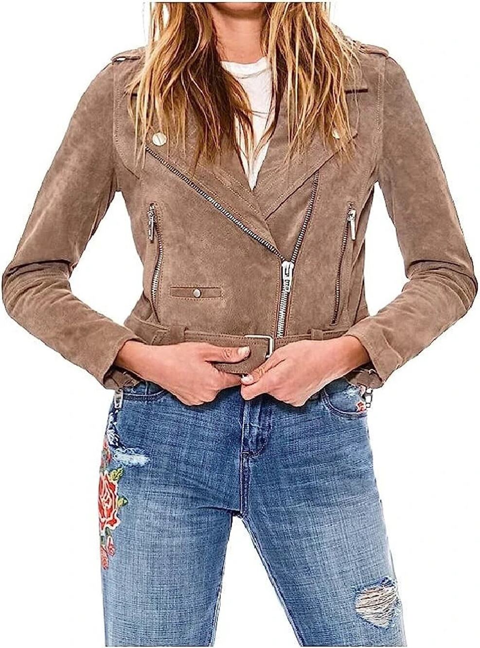 BLANKNYC Womens M Brown Suede Leather Moto Jacket Cropped Belted NWT